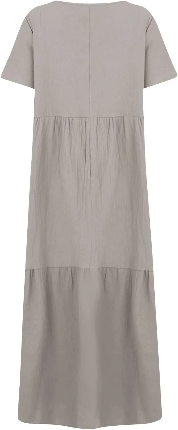 Linen Dresses for Women 2025 Summer Short Sleeve Cotton Sundresses Plus Size Flowy Casual Maxi Sundress Beach Dress