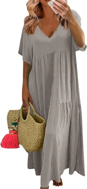 Linen Dresses for Women 2025 Summer Short Sleeve Cotton Sundresses Plus Size Flowy Casual Maxi Sundress Beach Dress