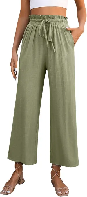 Linen Pants Women Petite Plus, Women Summer High Waisted Linen Palazzo Pants Wide Leg Long Lounge Trousers Cargo Yoga Pants Baggy Drawstring Linen Pants Casual Joggers Solid Lounge