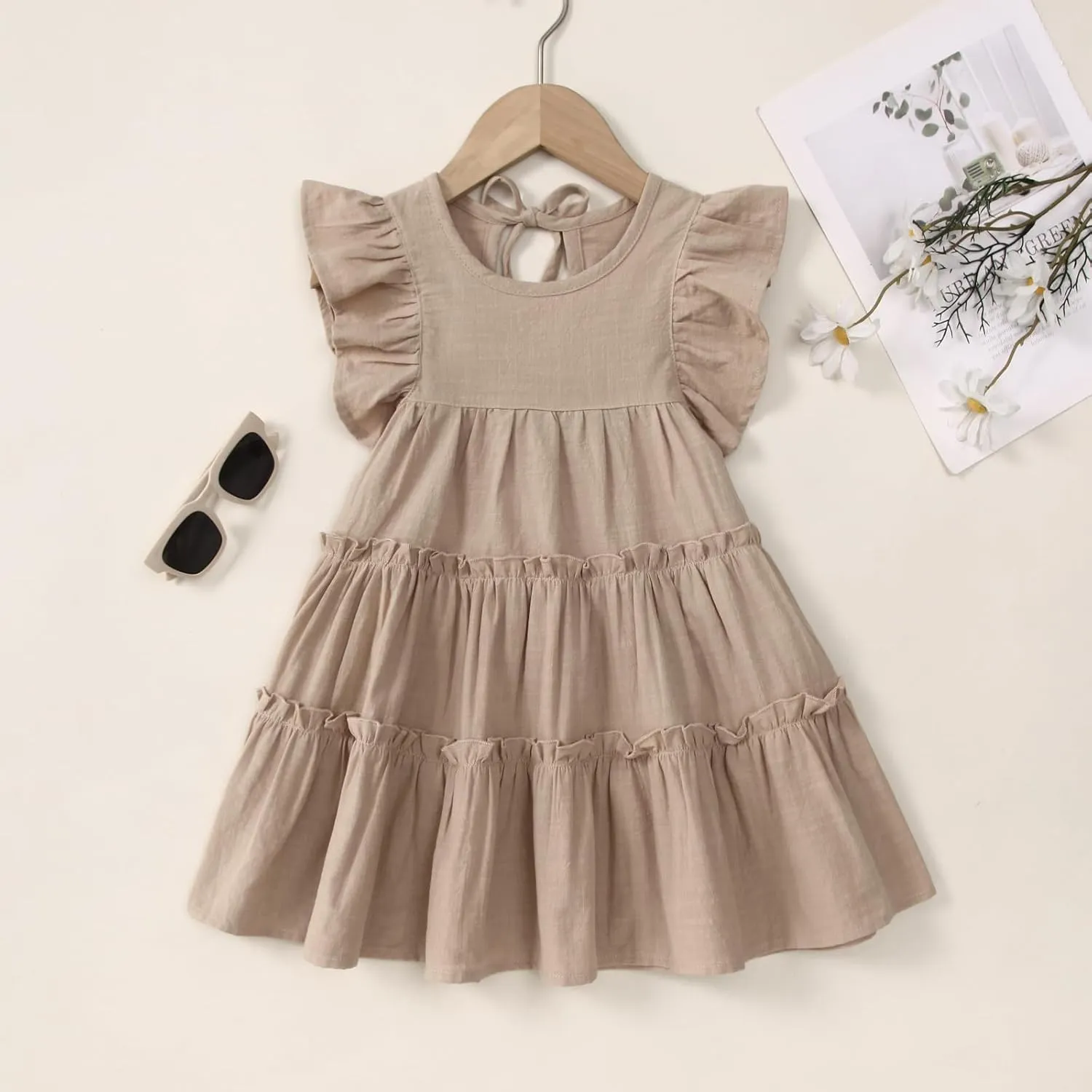 Little Girls Dresses Linen Ruffle Sleeveless Casual Dress Kids Summer Beach Clothes Sundress