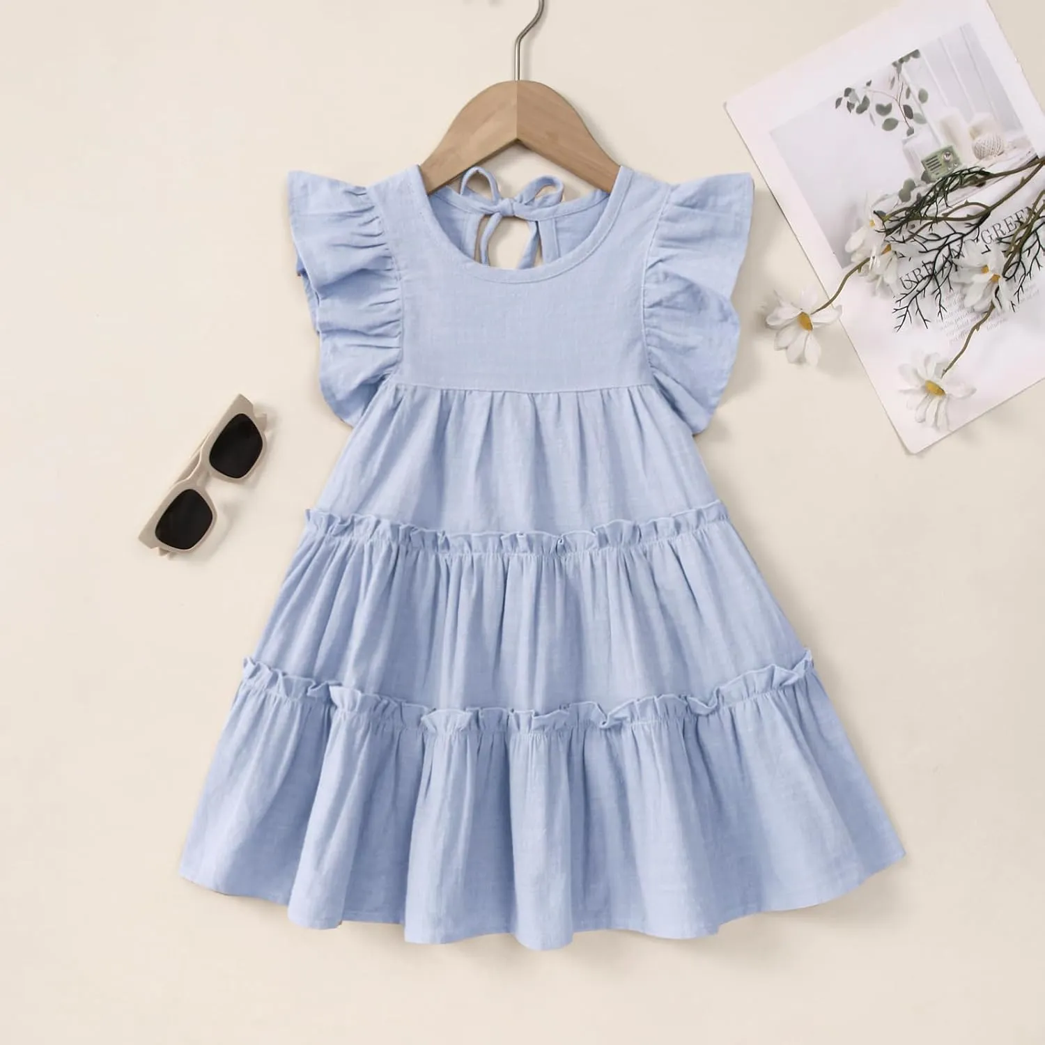 Little Girls Dresses Linen Ruffle Sleeveless Casual Dress Kids Summer Beach Clothes Sundress