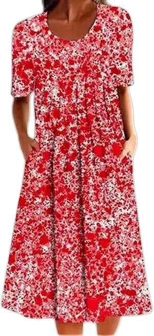 LOAIHA Women's Boho Floral Print Short Sleeve T Shirt Dress Summer Casual Loose Swing Tshirt Midi Dresses with Pockets