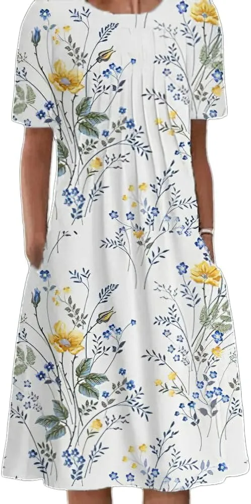 LOAIHA Women's Boho Floral Print Short Sleeve T Shirt Dress Summer Casual Loose Swing Tshirt Midi Dresses with Pockets