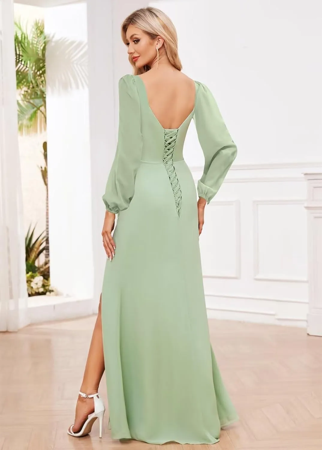 Long Sleeve Bridesmaid Dresses for Wedding Chiffon Mermaid Cowl Neck Formal Evening Prom Dress