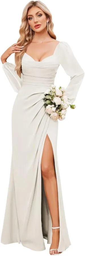 Long Sleeve Bridesmaid Dresses for Wedding Chiffon Mermaid Cowl Neck Formal Evening Prom Dress
