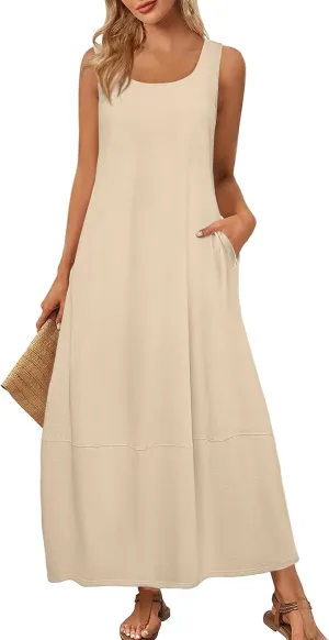 Maxi Dresses for Women 2025 Summer Beach Vacation Boho Dress Plus Size Sleeveless Crewneck Sundresses with Pockets