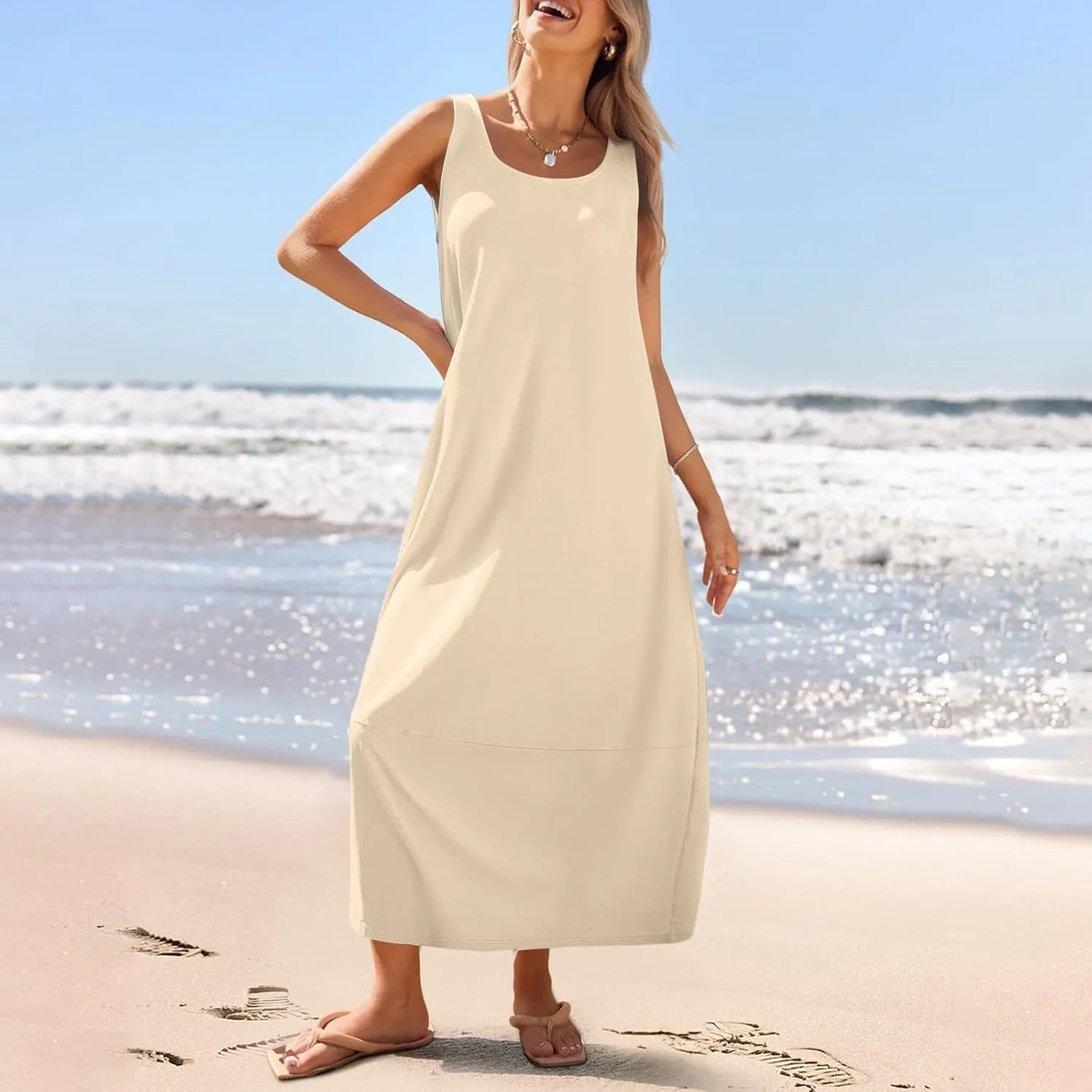 Maxi Dresses for Women 2025 Summer Beach Vacation Boho Dress Plus Size Sleeveless Crewneck Sundresses with Pockets