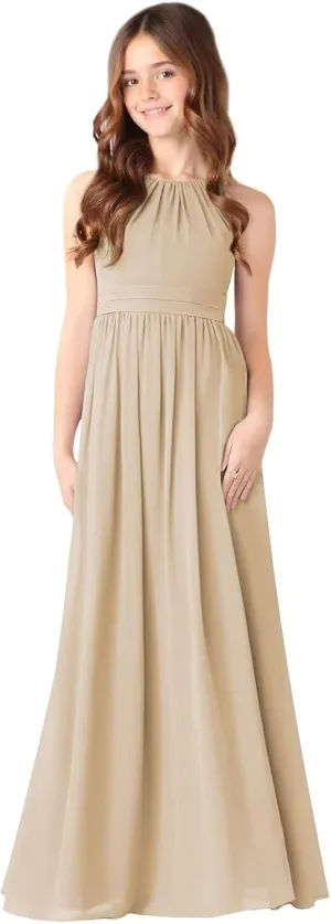 MCieloLuna Halter Junior Bridesmaids Dresses Summer Sleeveless Flowing Chiffon Flower Girl Dress for Wedding Lace Up