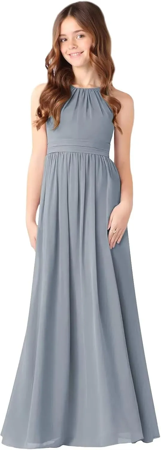 MCieloLuna Halter Junior Bridesmaids Dresses Summer Sleeveless Flowing Chiffon Flower Girl Dress for Wedding Lace Up