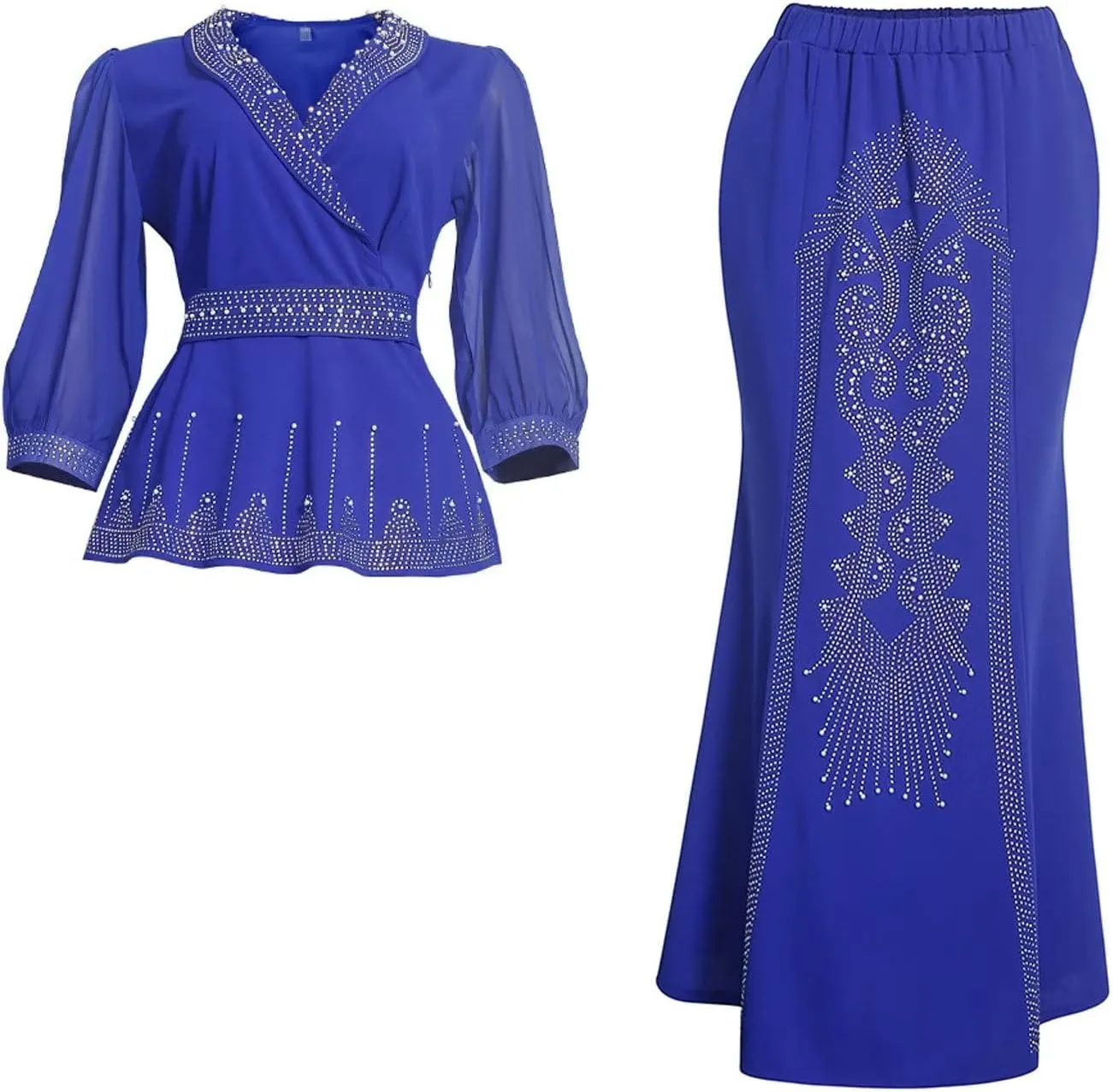 Mermaid Two Pieces Formal Dress for Wedding Guest Puffy Long Sleeves Beaded V Neck African Dresses