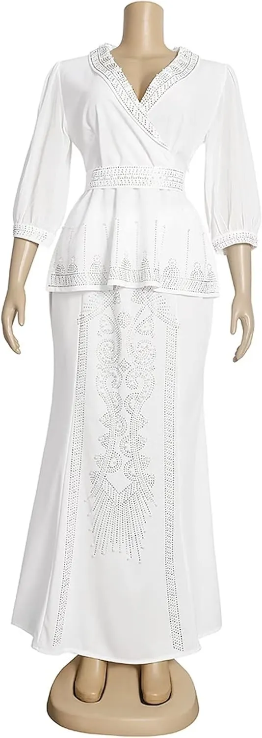 Mermaid Two Pieces Formal Dress for Wedding Guest Puffy Long Sleeves Beaded V Neck African Dresses