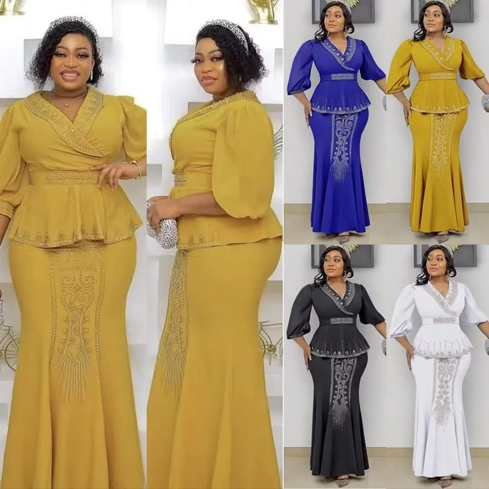 Mermaid Two Pieces Formal Dress for Wedding Guest Puffy Long Sleeves Beaded V Neck African Dresses