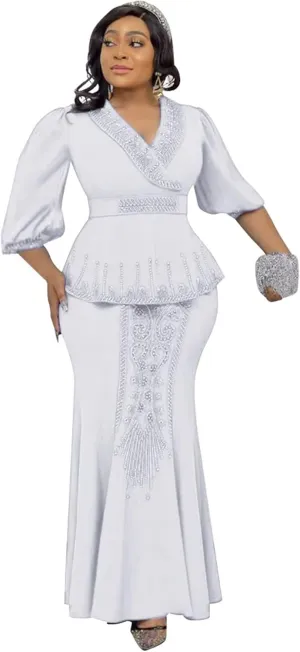 Mermaid Two Pieces Formal Dress for Wedding Guest Puffy Long Sleeves Beaded V Neck African Dresses