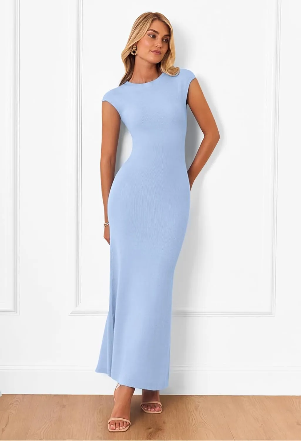 MEROKEETY Women's Cap Sleeve Rib Knit Maxi Dress Crew Neck Slim Fit Bodycon Summer Sweater Dresses