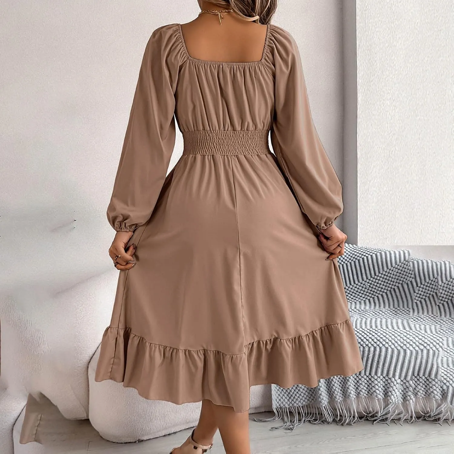 Midi Dresses for Women 2025 Casual Long Sleeve Square Neck Knee Length Ruffle Boho Dress Comfy Vacation Sundress