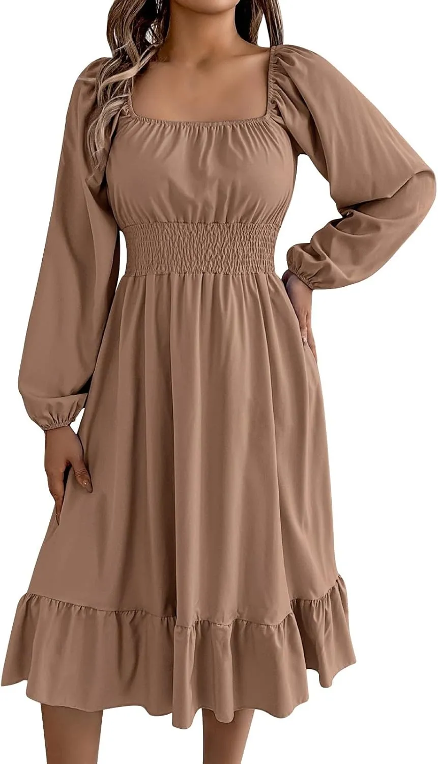 Midi Dresses for Women 2025 Casual Long Sleeve Square Neck Knee Length Ruffle Boho Dress Comfy Vacation Sundress