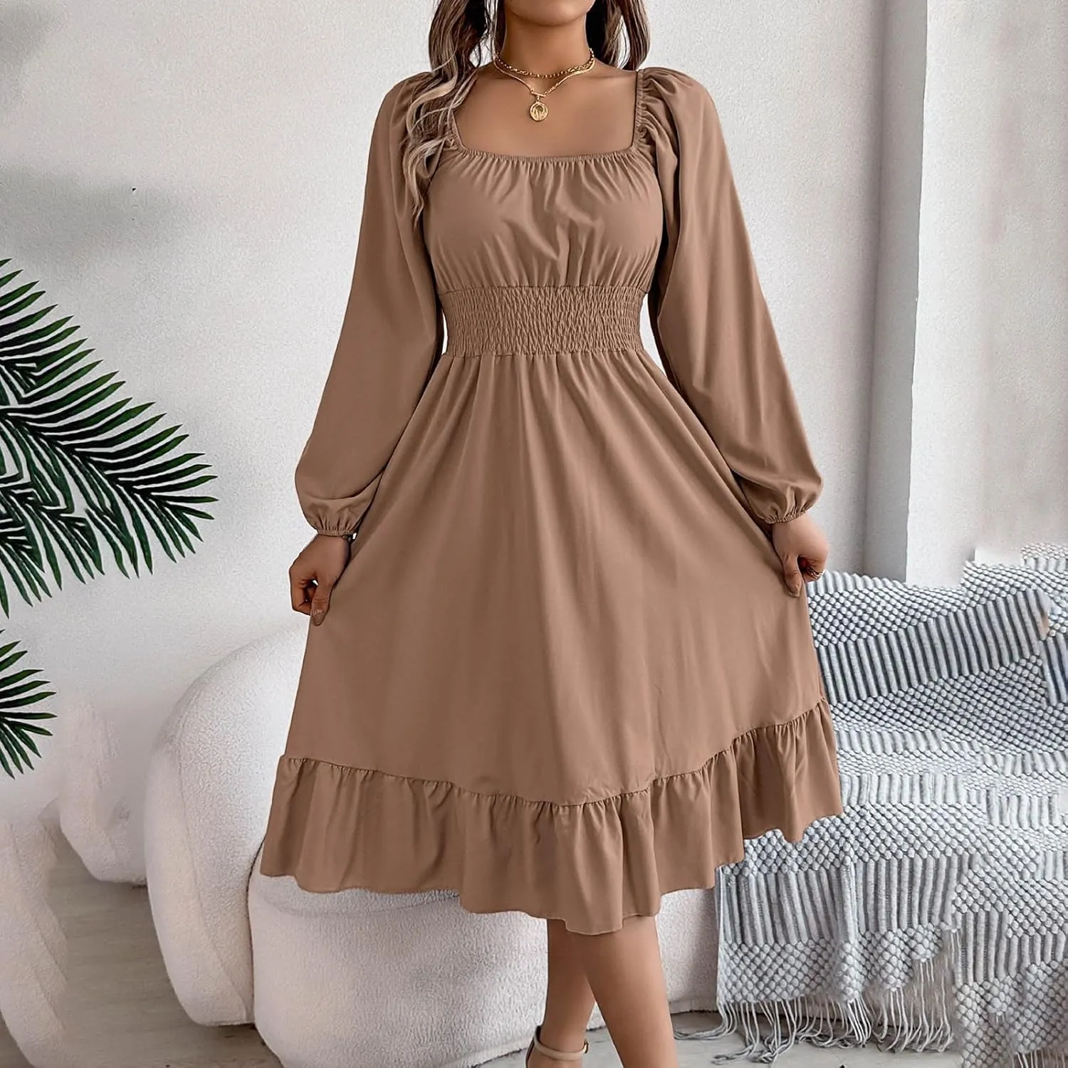 Midi Dresses for Women 2025 Casual Long Sleeve Square Neck Knee Length Ruffle Boho Dress Comfy Vacation Sundress