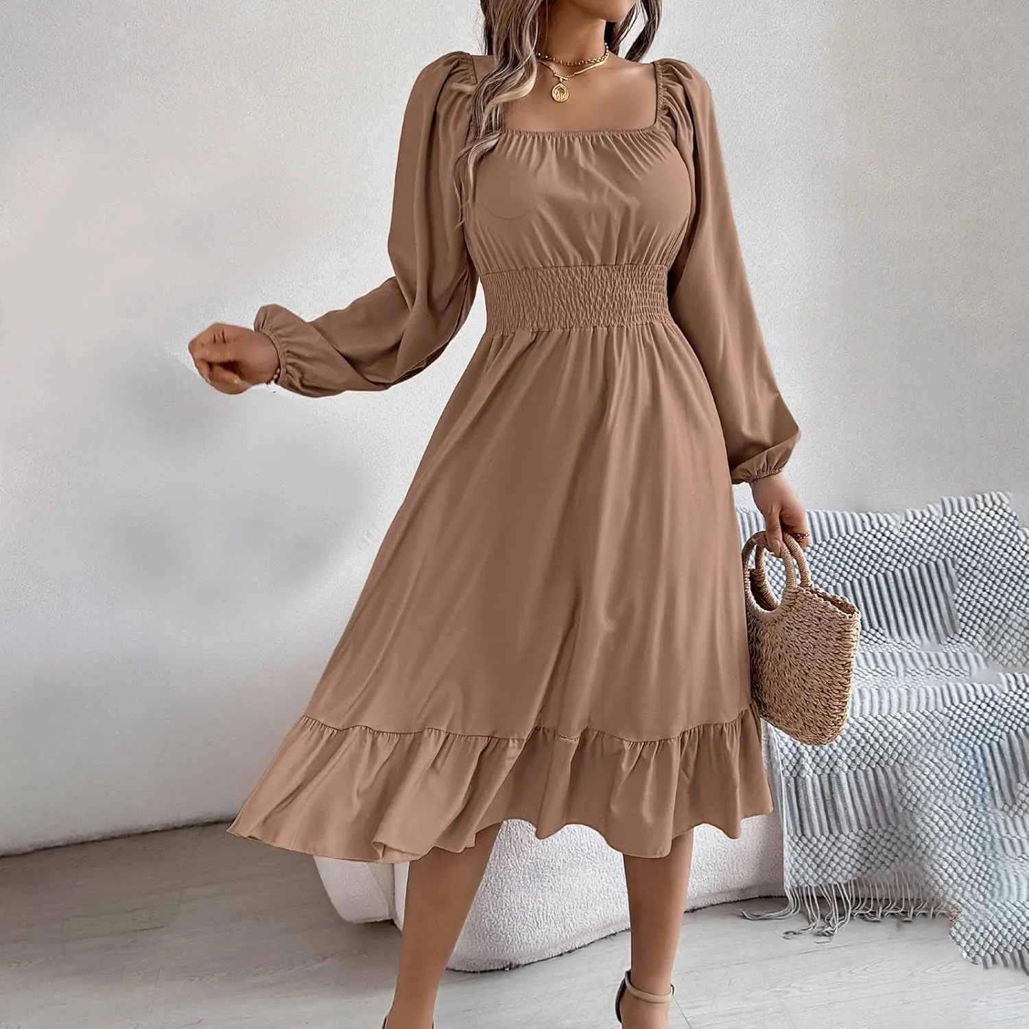 Midi Dresses for Women 2025 Casual Long Sleeve Square Neck Knee Length Ruffle Boho Dress Comfy Vacation Sundress