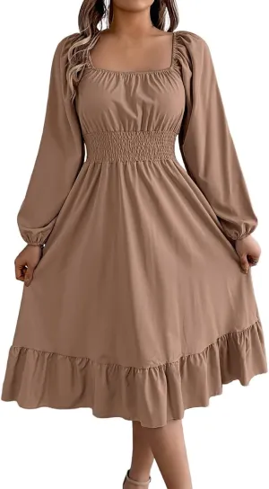Midi Dresses for Women 2025 Casual Long Sleeve Square Neck Knee Length Ruffle Boho Dress Comfy Vacation Sundress