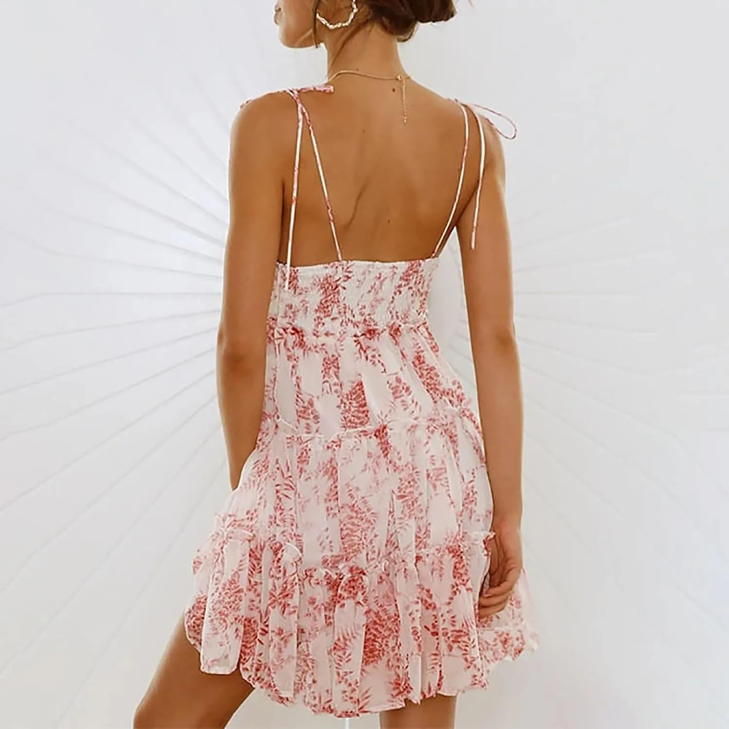 Mini Dresses for Women 2025 Casual Summer Flowy Cami Ditsy Floral Dress Chiffon Tiered Ruffle Beach Sundress
