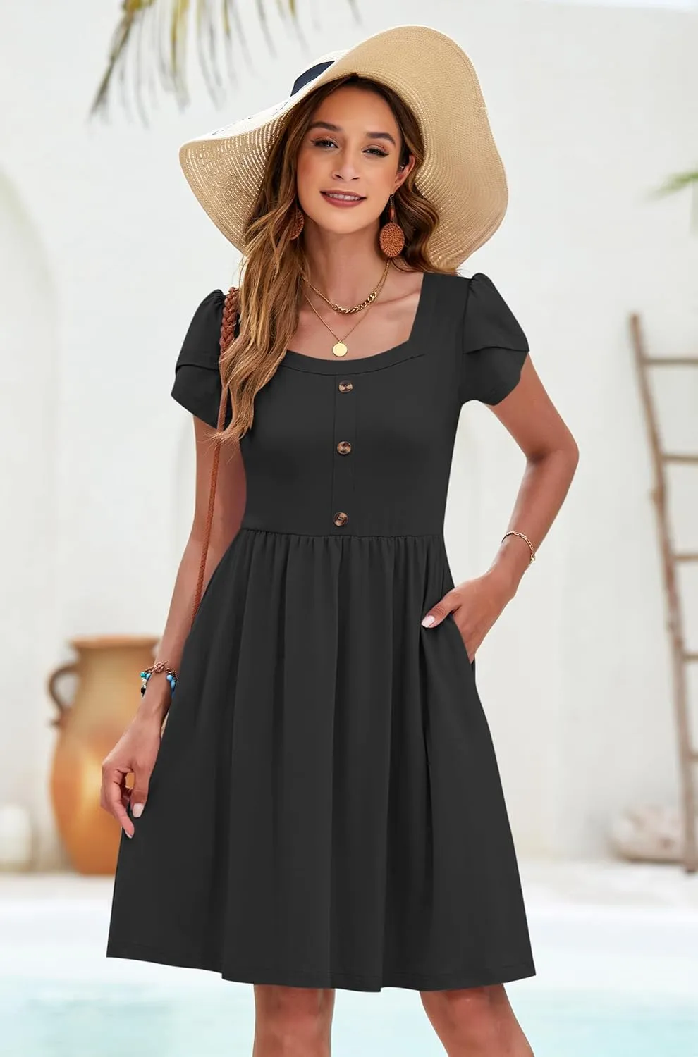 MOLERANI Women Summer Dresses Petal Sleeve Casual Square Neck Sundress Button Down 2025 Vacation Dress with Pockets