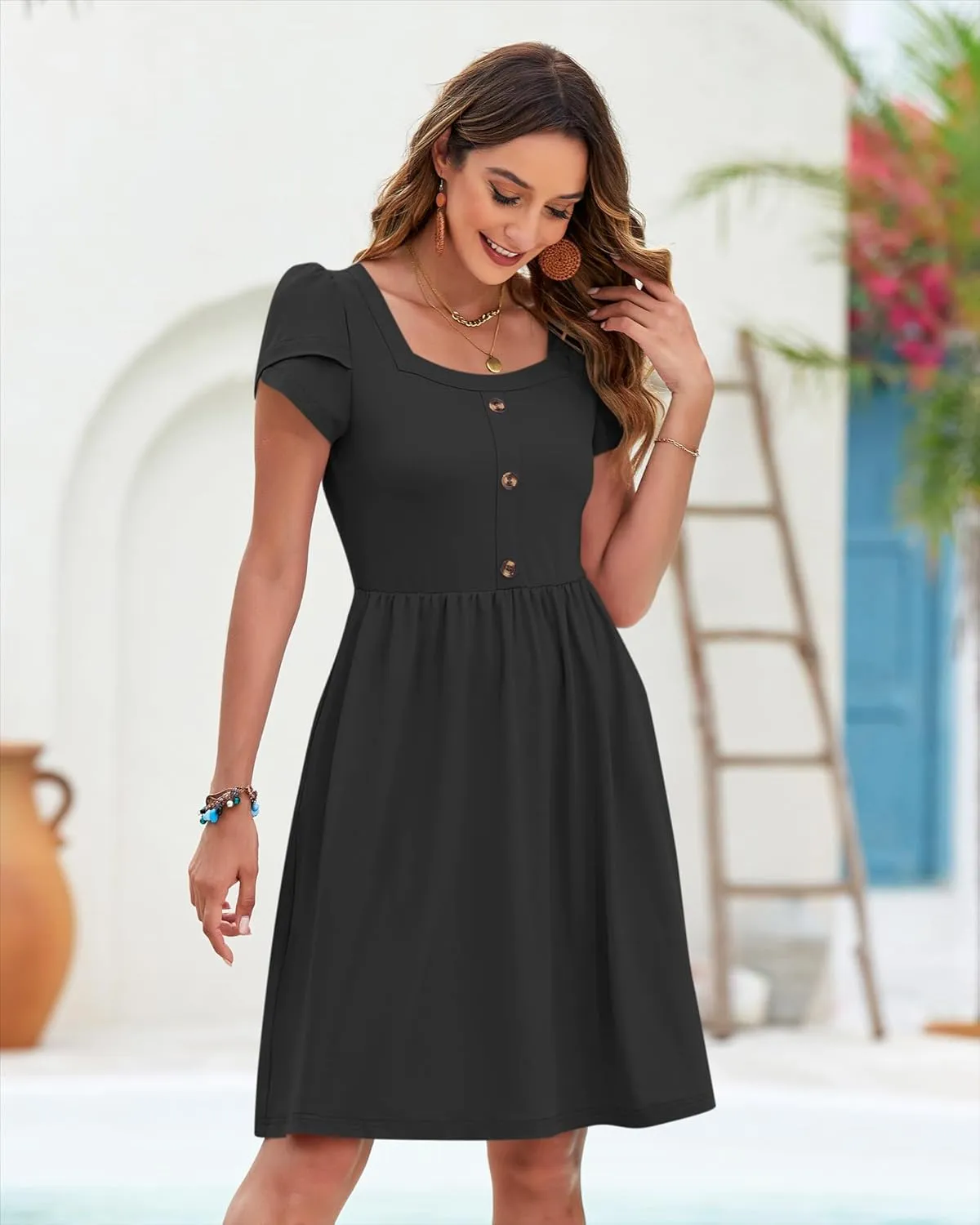 MOLERANI Women Summer Dresses Petal Sleeve Casual Square Neck Sundress Button Down 2025 Vacation Dress with Pockets