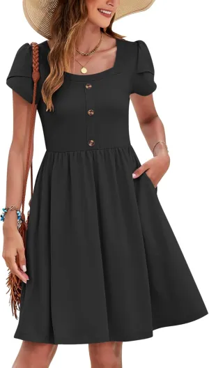 MOLERANI Women Summer Dresses Petal Sleeve Casual Square Neck Sundress Button Down 2025 Vacation Dress with Pockets