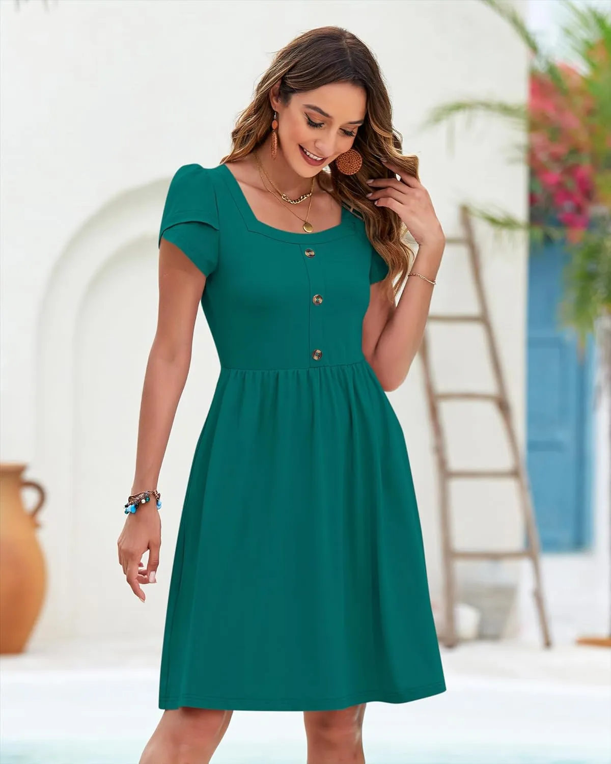 MOLERANI Women Summer Dresses Petal Sleeve Casual Square Neck Sundress Button Down 2025 Vacation Dress with Pockets