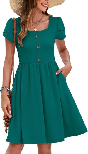 MOLERANI Women Summer Dresses Petal Sleeve Casual Square Neck Sundress Button Down 2025 Vacation Dress with Pockets