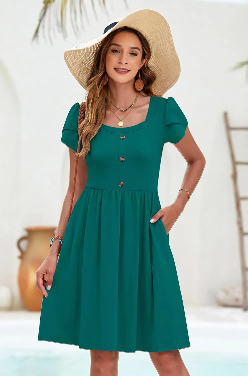 MOLERANI Women Summer Dresses Petal Sleeve Casual Square Neck Sundress Button Down 2025 Vacation Dress with Pockets
