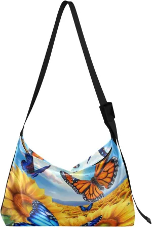 Monarch Butterfly Sunflowers Hobo Crossbody Bags for Women Leather Large Shoulder Bag Cross Body Pastel Drawing Artistic Trendy Womens Tote Bags Handbag for Travel Shopping