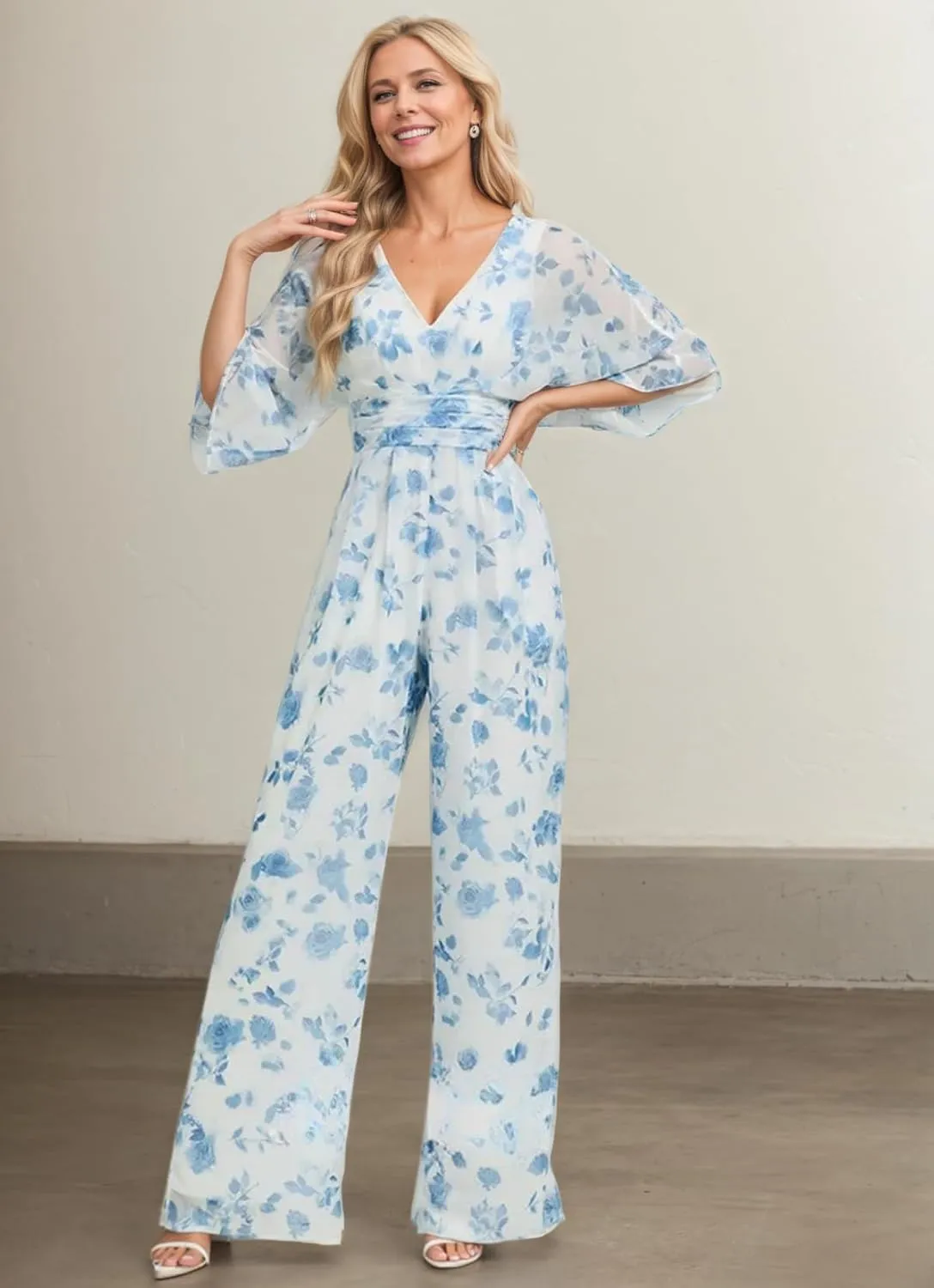 Mother of The Bride Pant Suits for Wedding Chiffon Long Sleeve Formal Outfit V Neck Women's Jumpsuits with Pocket 2025