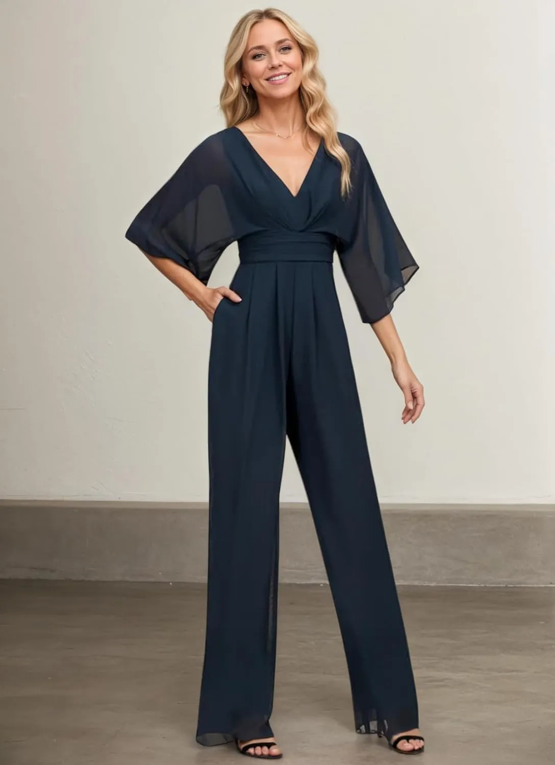 Mother of The Bride Pant Suits for Wedding Chiffon Long Sleeve Formal Outfit V Neck Women's Jumpsuits with Pocket 2025
