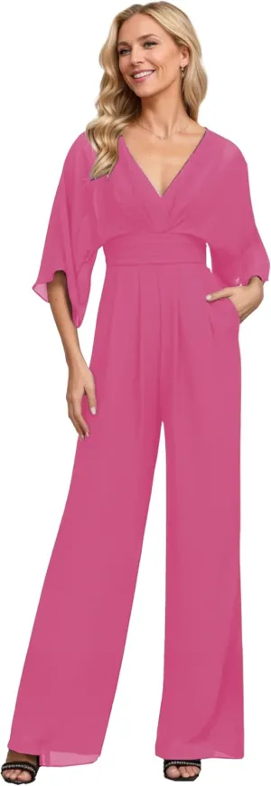 Mother of The Bride Pant Suits for Wedding Chiffon Long Sleeve Formal Outfit V Neck Women's Jumpsuits with Pocket 2025