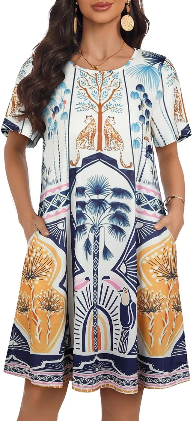 My Sky Women Summer Dresses Casual Short Sleeves Tshirt Cute Flowy Beach Plus Size Sundress with Pockets