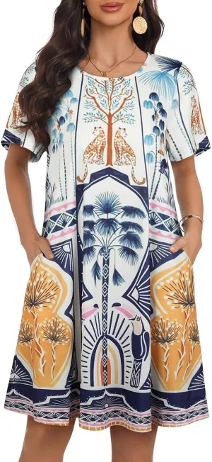 My Sky Women Summer Dresses Casual Short Sleeves Tshirt Cute Flowy Beach Plus Size Sundress with Pockets
