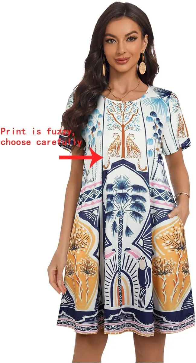 My Sky Women Summer Dresses Casual Short Sleeves Tshirt Cute Flowy Beach Plus Size Sundress with Pockets