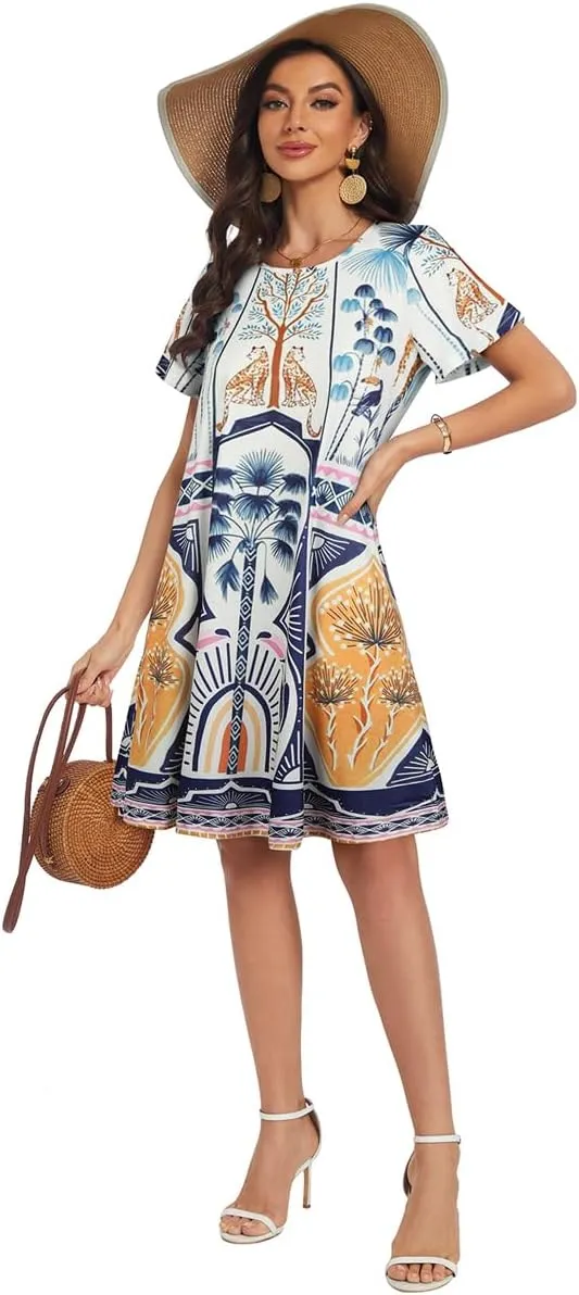 My Sky Women Summer Dresses Casual Short Sleeves Tshirt Cute Flowy Beach Plus Size Sundress with Pockets