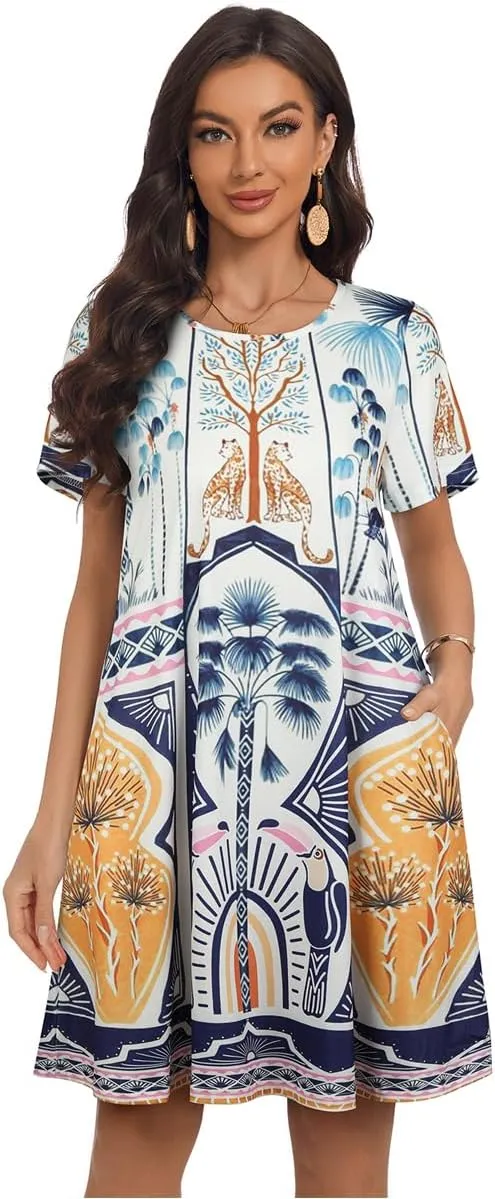 My Sky Women Summer Dresses Casual Short Sleeves Tshirt Cute Flowy Beach Plus Size Sundress with Pockets