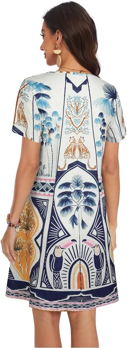 My Sky Women Summer Dresses Casual Short Sleeves Tshirt Cute Flowy Beach Plus Size Sundress with Pockets