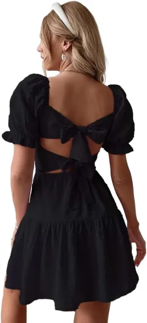 Narecte Summer Dresses for Women 2025,Tie Backless Swiss Dot Mini Dress,Ruffle Hem Flowy Casual Dresses
