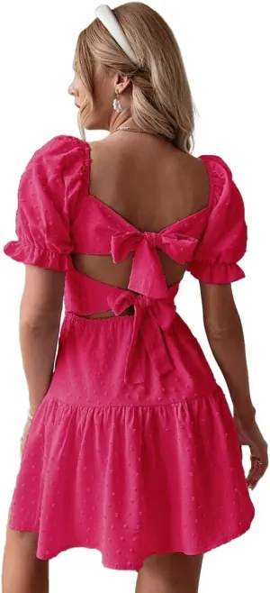 Narecte Summer Dresses for Women 2025,Tie Backless Swiss Dot Mini Dress,Ruffle Hem Flowy Casual Dresses