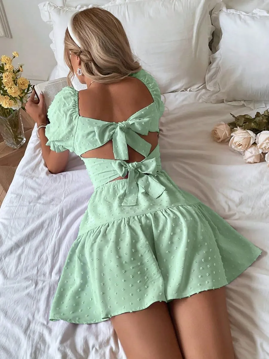 Narecte Summer Dresses for Women 2025,Tie Backless Swiss Dot Mini Dress,Ruffle Hem Flowy Casual Dresses