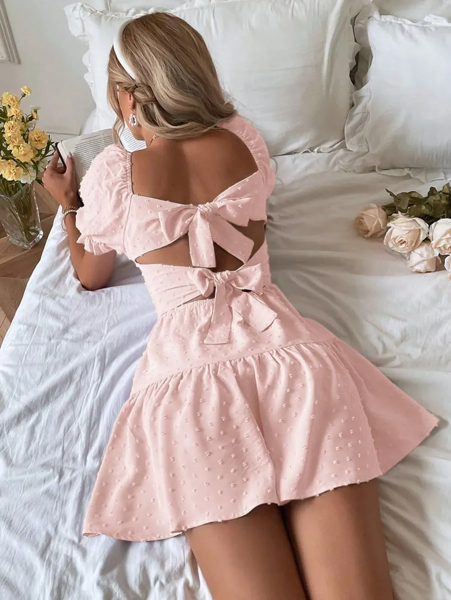 Narecte Summer Dresses for Women 2025,Tie Backless Swiss Dot Mini Dress,Ruffle Hem Flowy Casual Dresses