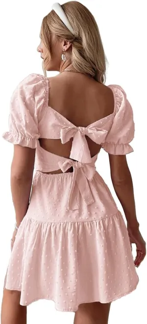 Narecte Summer Dresses for Women 2025,Tie Backless Swiss Dot Mini Dress,Ruffle Hem Flowy Casual Dresses