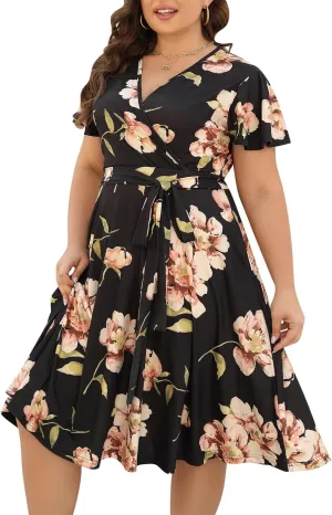 Nemidor Plus Size Dresses for Curvy Women Casual Summer V Neck Short Sleeve Midi Cocktail Vintage Dress with Pocket