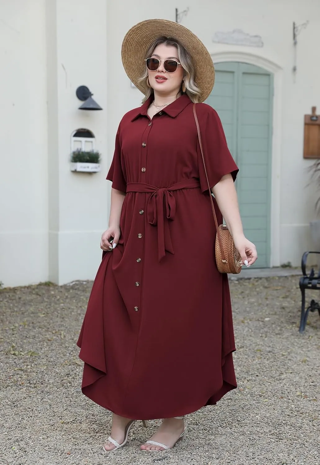 Nemidor Womens Plus Size Casual Maxi Dress Button Down Plain Long Summer Dresses with Belt and Pocket 16-26