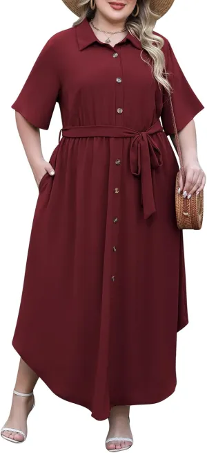 Nemidor Womens Plus Size Casual Maxi Dress Button Down Plain Long Summer Dresses with Belt and Pocket 16-26