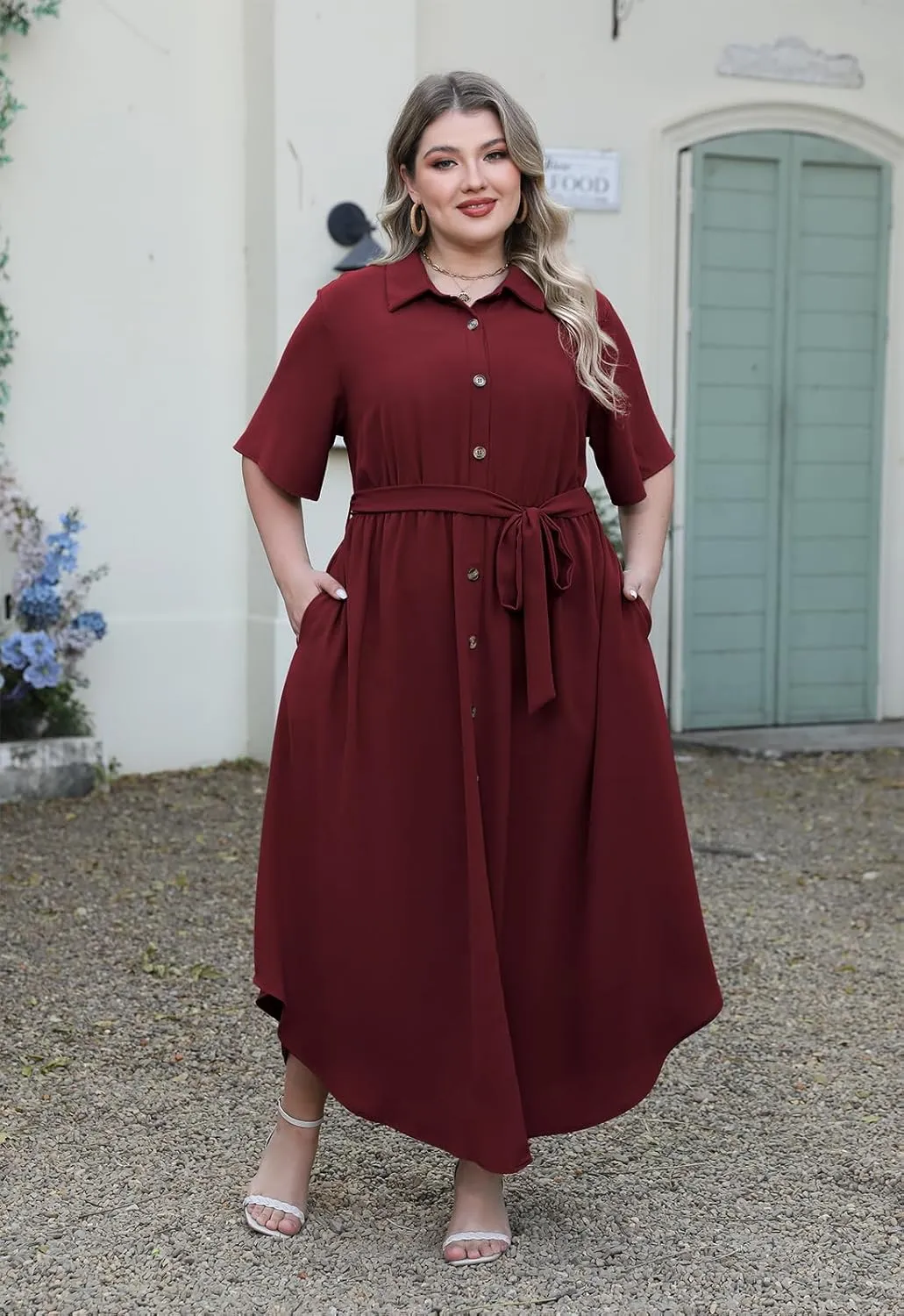 Nemidor Womens Plus Size Casual Maxi Dress Button Down Plain Long Summer Dresses with Belt and Pocket 16-26