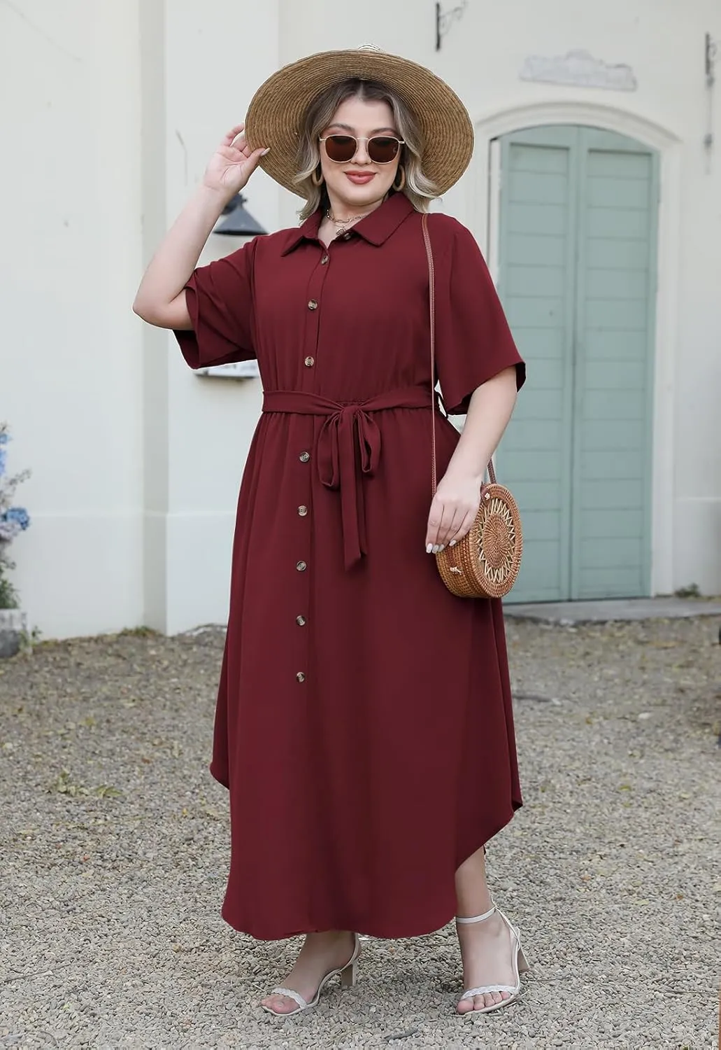 Nemidor Womens Plus Size Casual Maxi Dress Button Down Plain Long Summer Dresses with Belt and Pocket 16-26